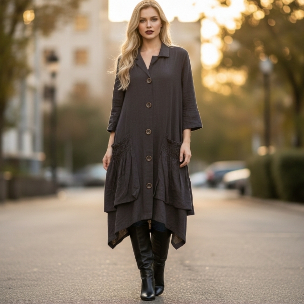 For Cynthia Charcoal Asymmetrical Linen Blend Lagenlook Boho Dress/Jacket